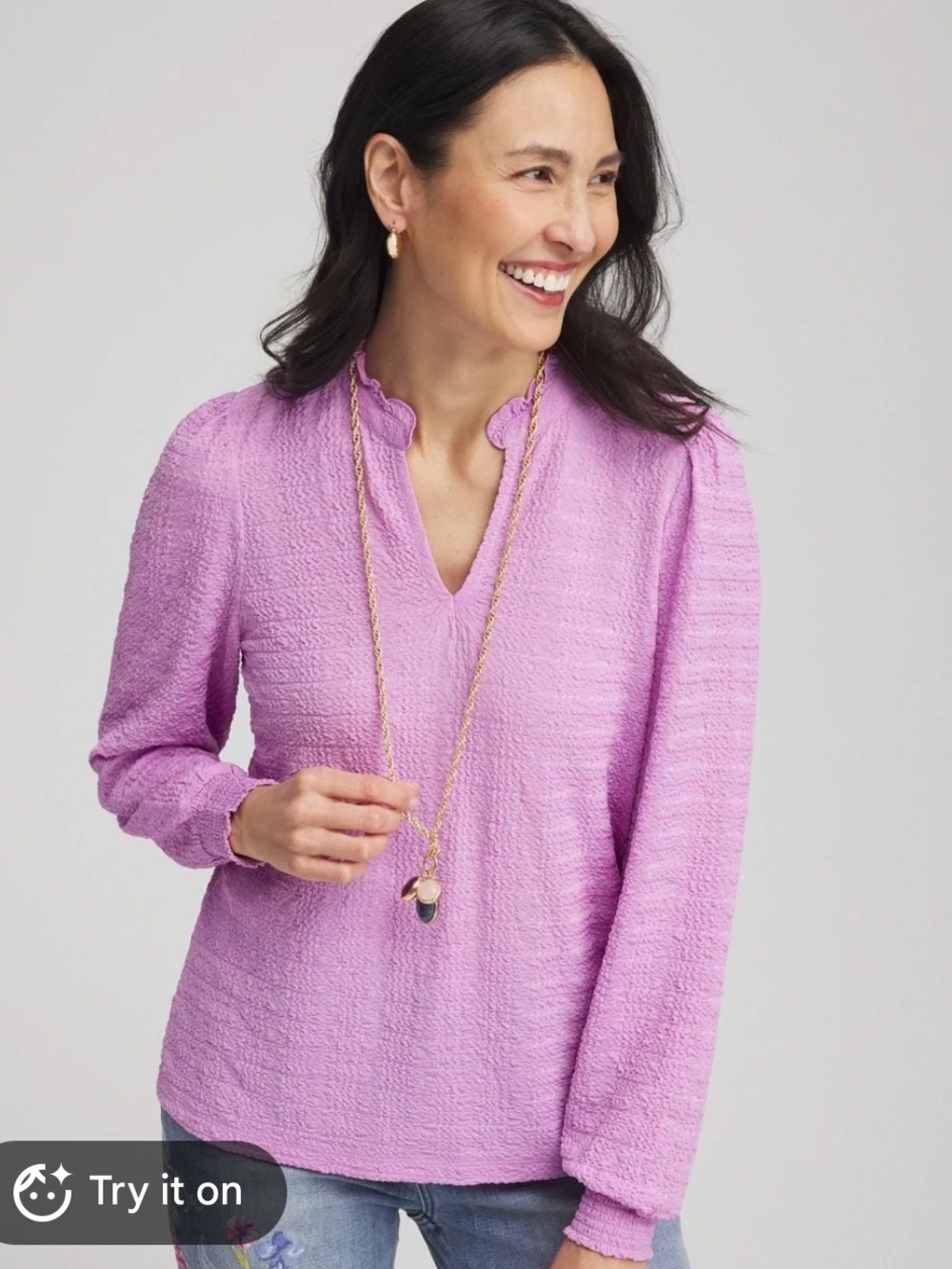 Chico's Smocked Long-Sleeve Tee in Lavender Pink Size XL